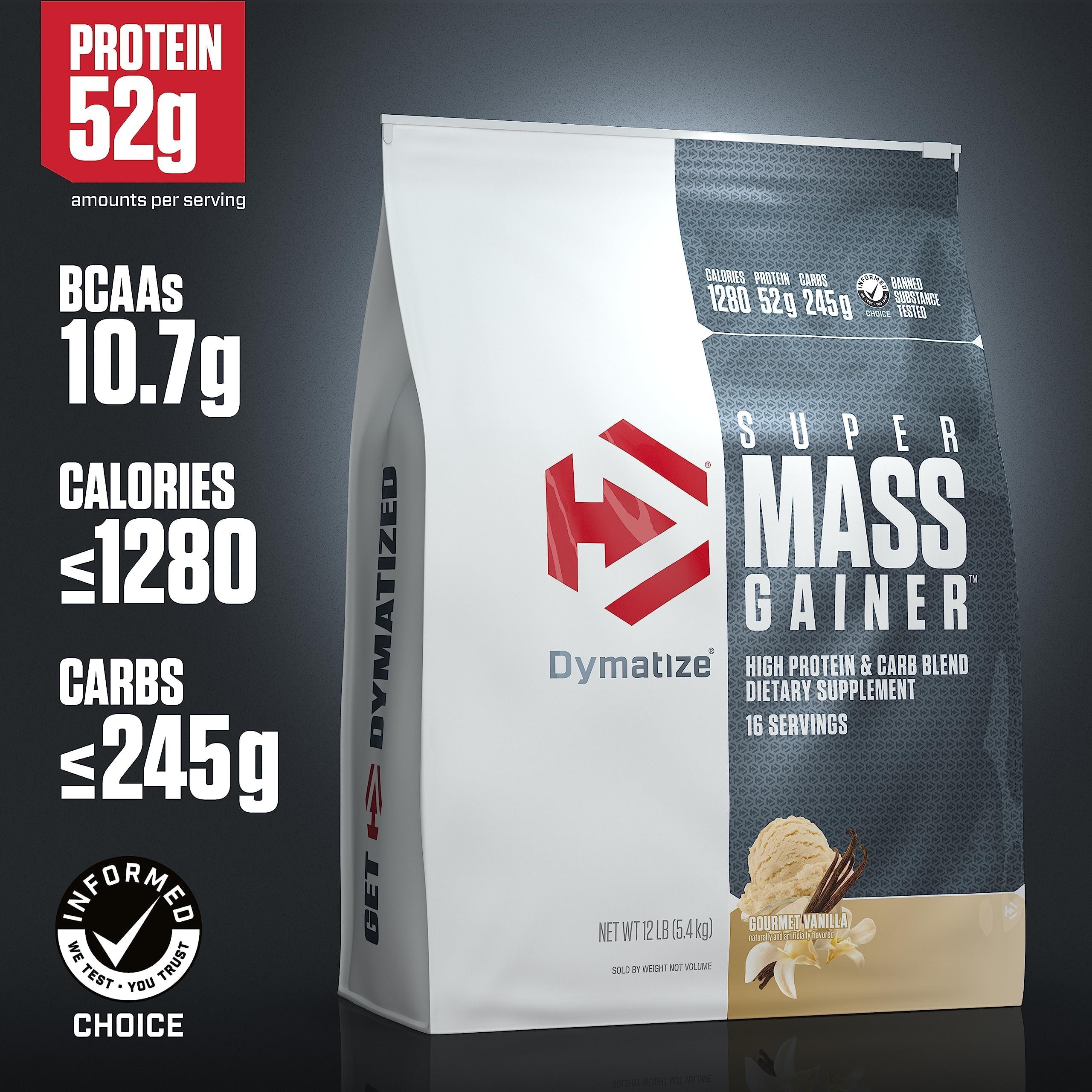 Dymatize Super Mass Gainer Protein Powder - Gourmet Vanilla Flavor | 52g Protein, 1280 Calories, 10.7g BCAAs | Whey Protein Isolate & Casein Blend | 16 Servings for Muscle Growth & Recovery | Ideal for Bodybuilding, Weight Gain & Post-Workout Nutrition