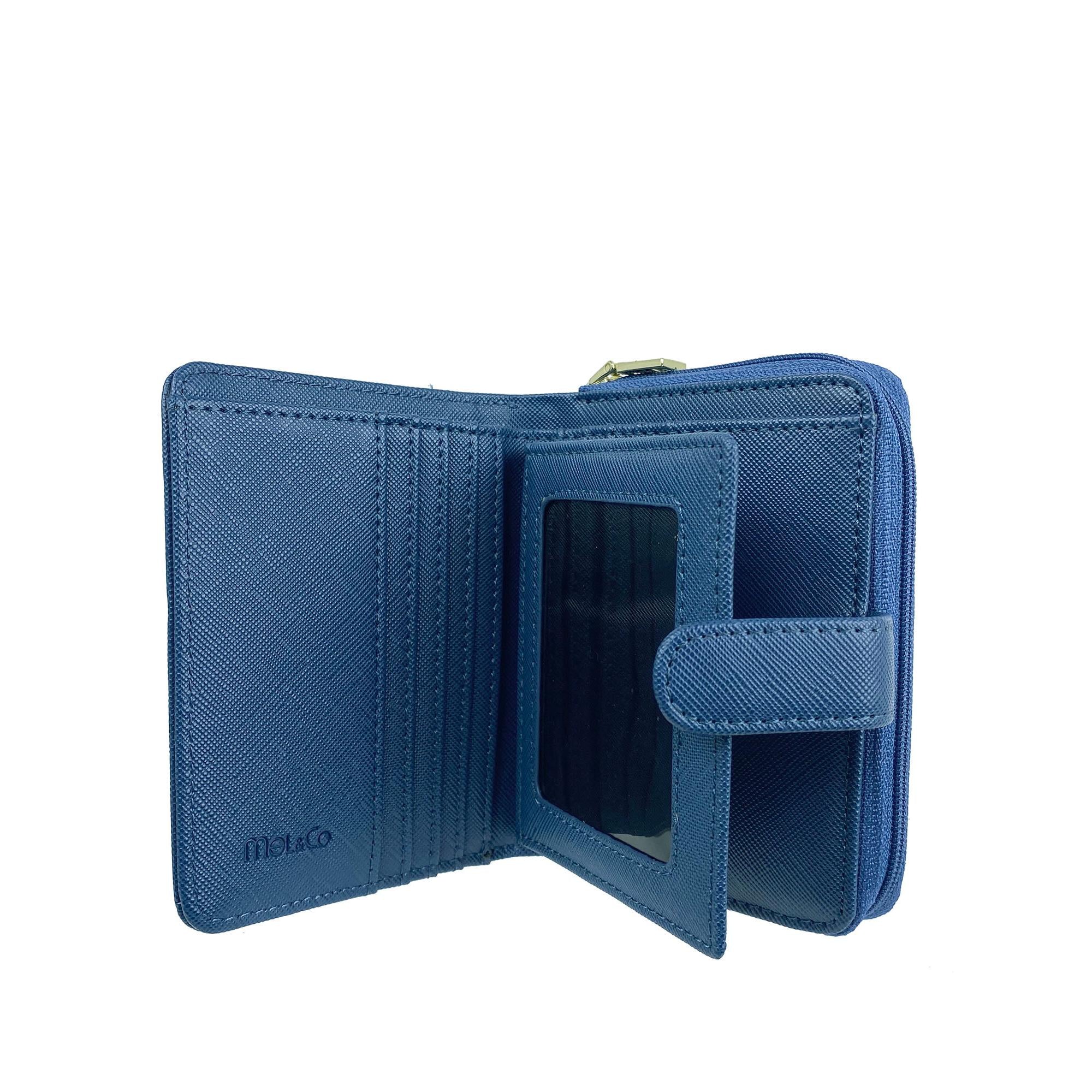 Mel&Co Genuine Saffiano Leather Bifold Wallet with Side Zipper Compartment - Blue | RFID Blocking | Perfect for Men's Everyday Carry & Travel Essentials