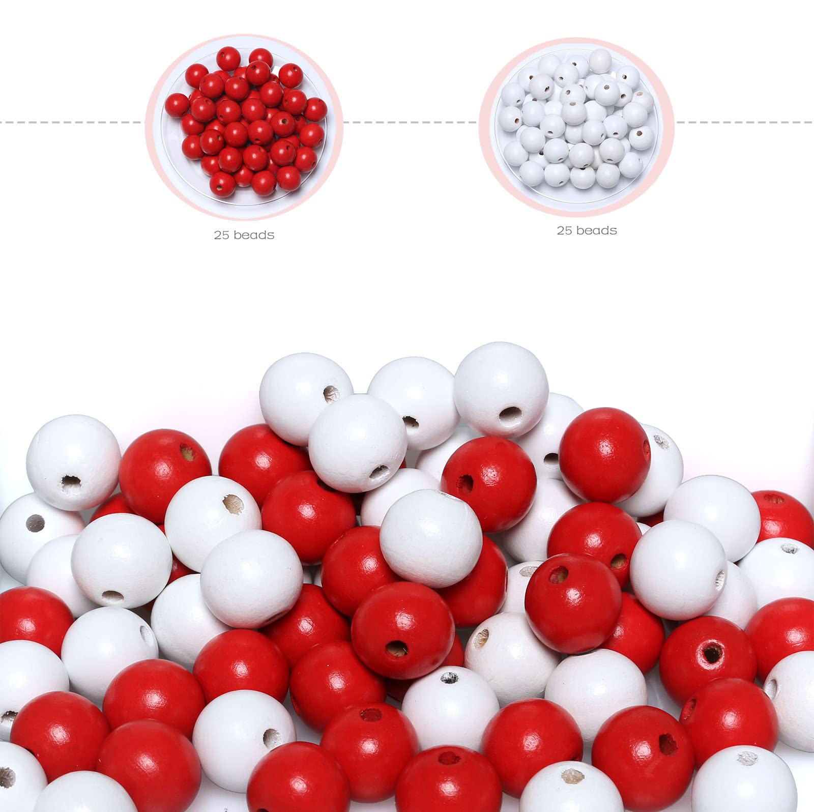 White Red Wooden Beads 20mm Round Beads 4mm Hole Bulk Loose Spacer Beads for Jewelry Making, DIY Crafts, Bracelets, Necklaces, Home Decor - 50Pcs Natural Wood Beading Supplies