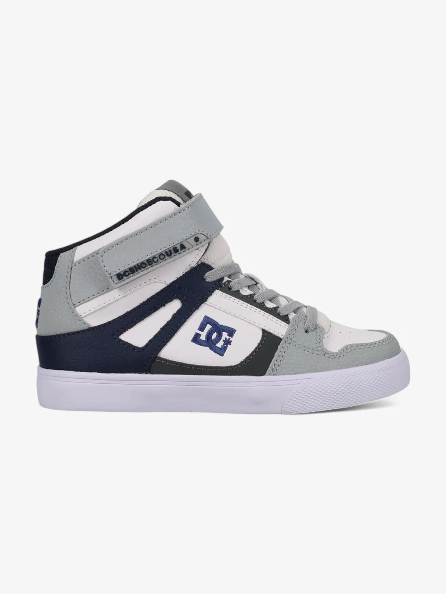 DC Pure Hi Top EV Skate Shoes for Boys - White, Gray & Blue - High Top Sneakers for Skateboarding, School & Casual Wear