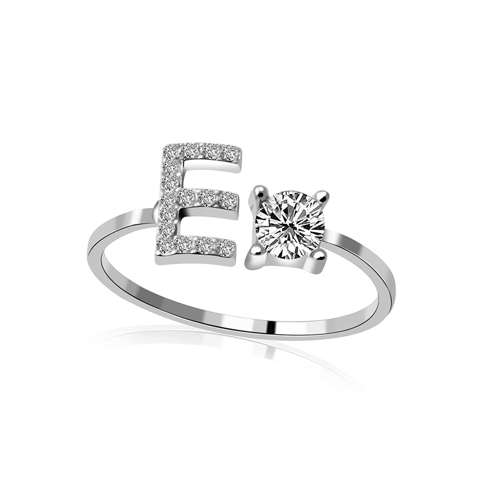 Stylish 26 English Alphabet Letter Rings for Women - Adjustable Silver Zircon Initial Rings, Personalized Name Jewelry - Perfect for Mother's Day, Wedding Anniversary, Birthday Gifts & Everyday Fashion Accessories (Letter E)