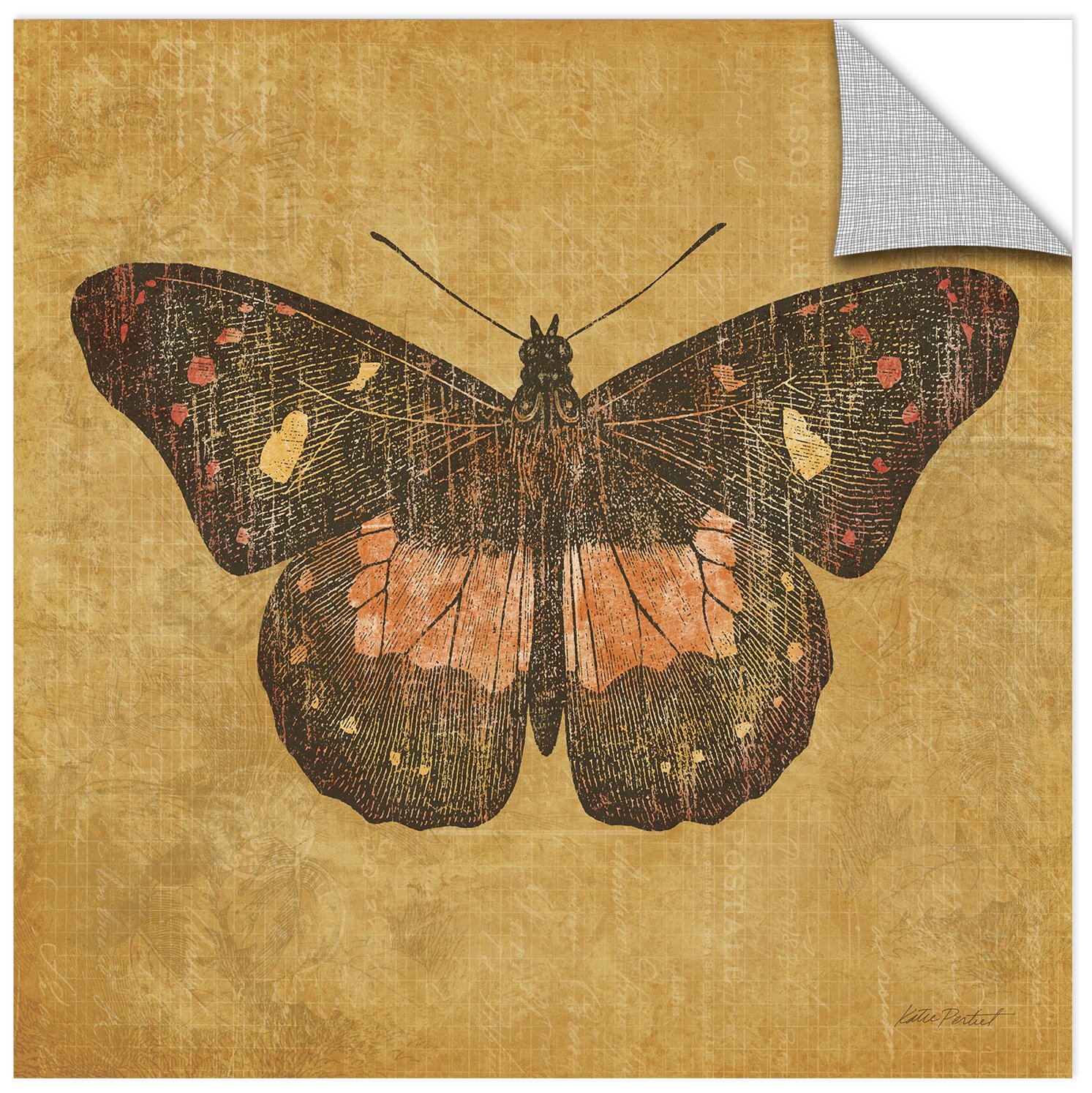 Katie Pertiet 'Ochre Butterfly' Removable Wall Art Mural - 18x18 Inches - Peel and Stick Decorative Wallpaper for Bedroom, Nursery, Living Room & Office Decor