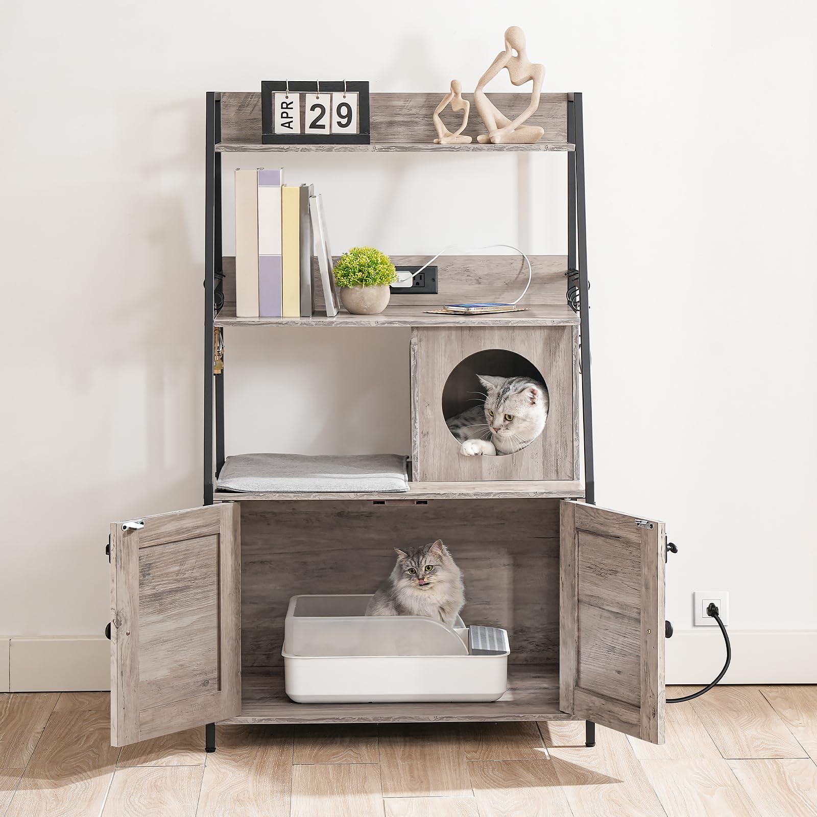 HOOBRO Cat Litter Box Enclosure with 2 Storage Shelves & Charging Station - Hidden Tall Cat Furniture with Plush Mat, Greige BG70UMW01 - Perfect for Small Spaces & Multi-Cat Homes, Stylish Indoor Cat Litter Solution for Apartments