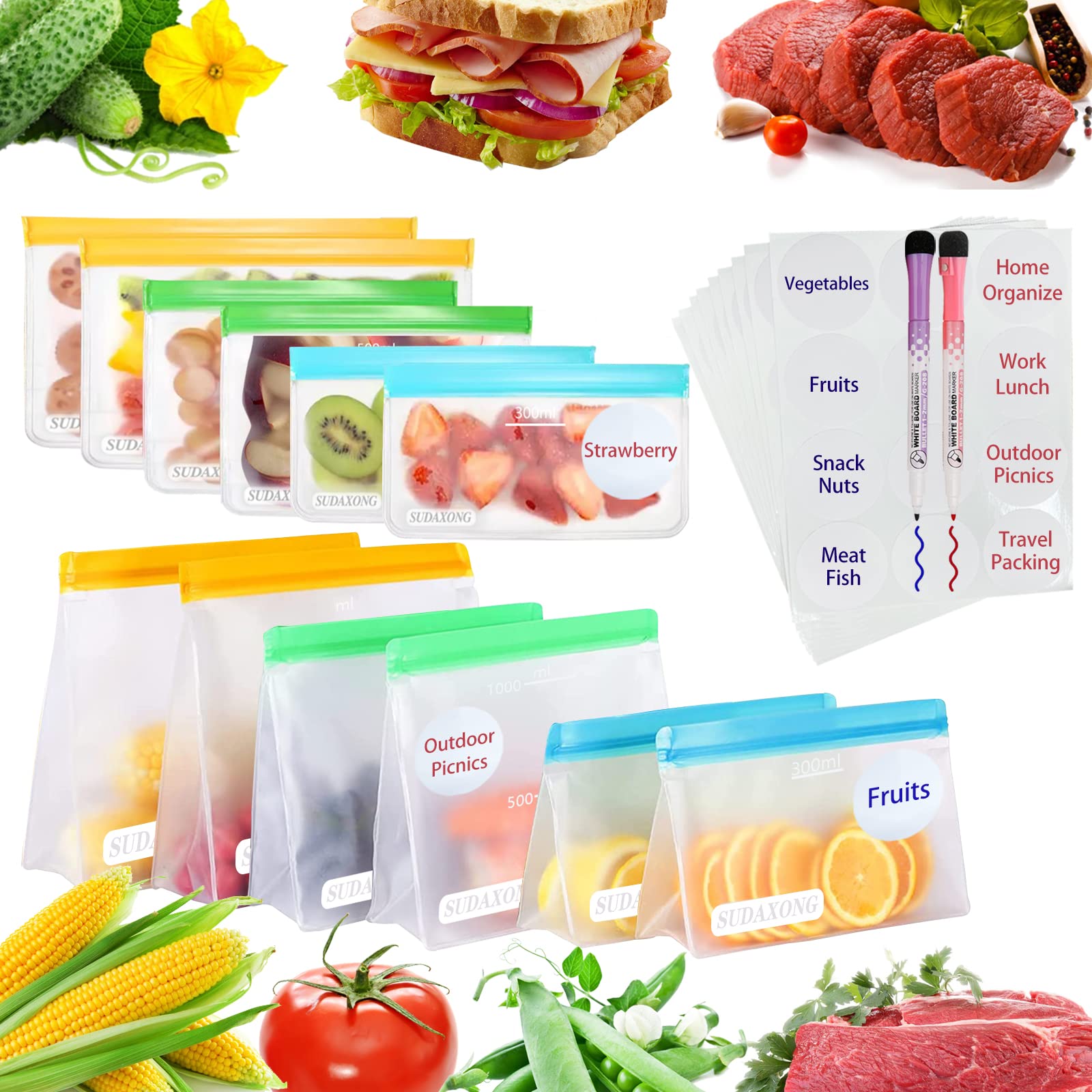 Premium Reusable Food Storage Bags with Measurement Lines - 12-Piece Set (4 Gallon, 4 Sandwich, 4 Snack Bags) | Leakproof Zipper Seal for Freezer, Meal Prep & Organization | Ideal for Home, Travel, Picnics & Outdoor Activities