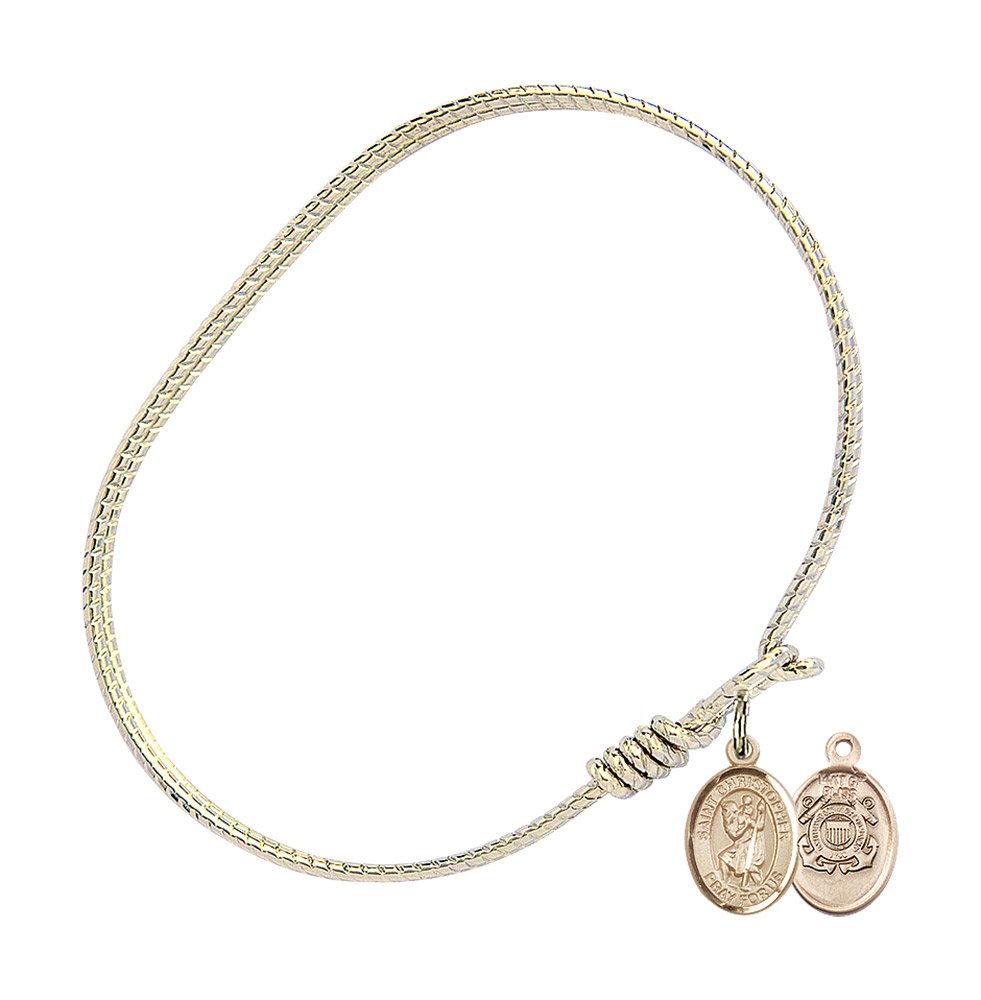 Gold-Filled Oval Eye Hook Bangle Bracelet with St. Christopher & Coast Guard Charm - Perfect for Travel Protection & Military Appreciation Gifts