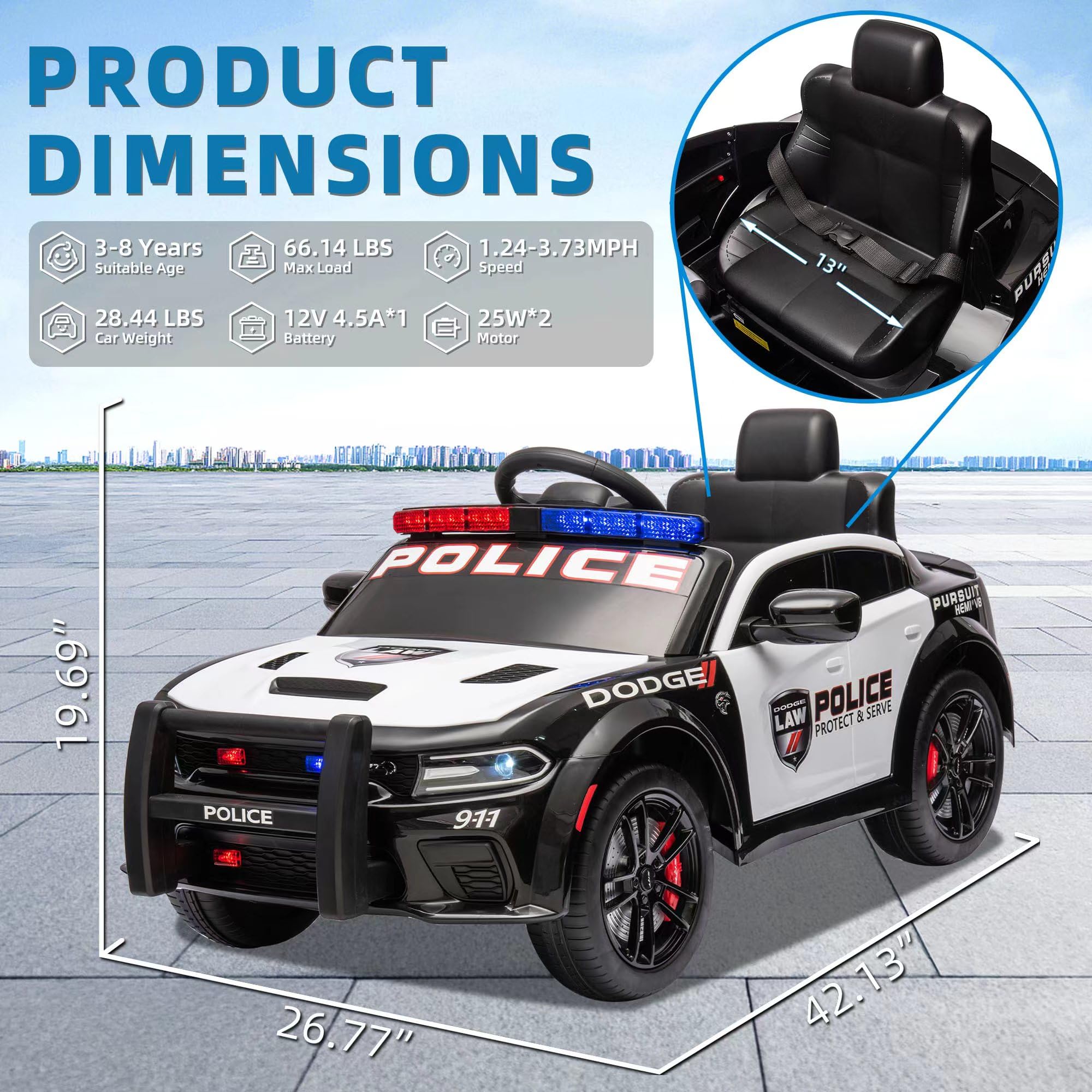 12V Kids Electric Police SWAT Ride-On Car - Licensed Dodge Vehicle for Boys & Girls Ages 3-8 | Parent Remote Control, 4 Wheels, LED Lights, USB Music & 3 Speeds | Perfect for Outdoor Play, Birthday Gifts & Pretend Police Adventures (White)
