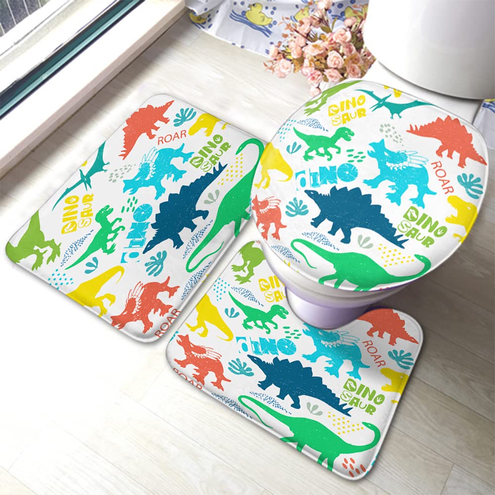 WONDERTIFY Dinosaur Triceratops Non-Slip Bathroom Rug Set - 3 Piece Bath Mat, Contour Mat & Toilet Lid Cover | Soft Absorbent, Waterproof Floor Mats for Kids & Adults - Perfect for Bathroom, Shower & Nursery Decor