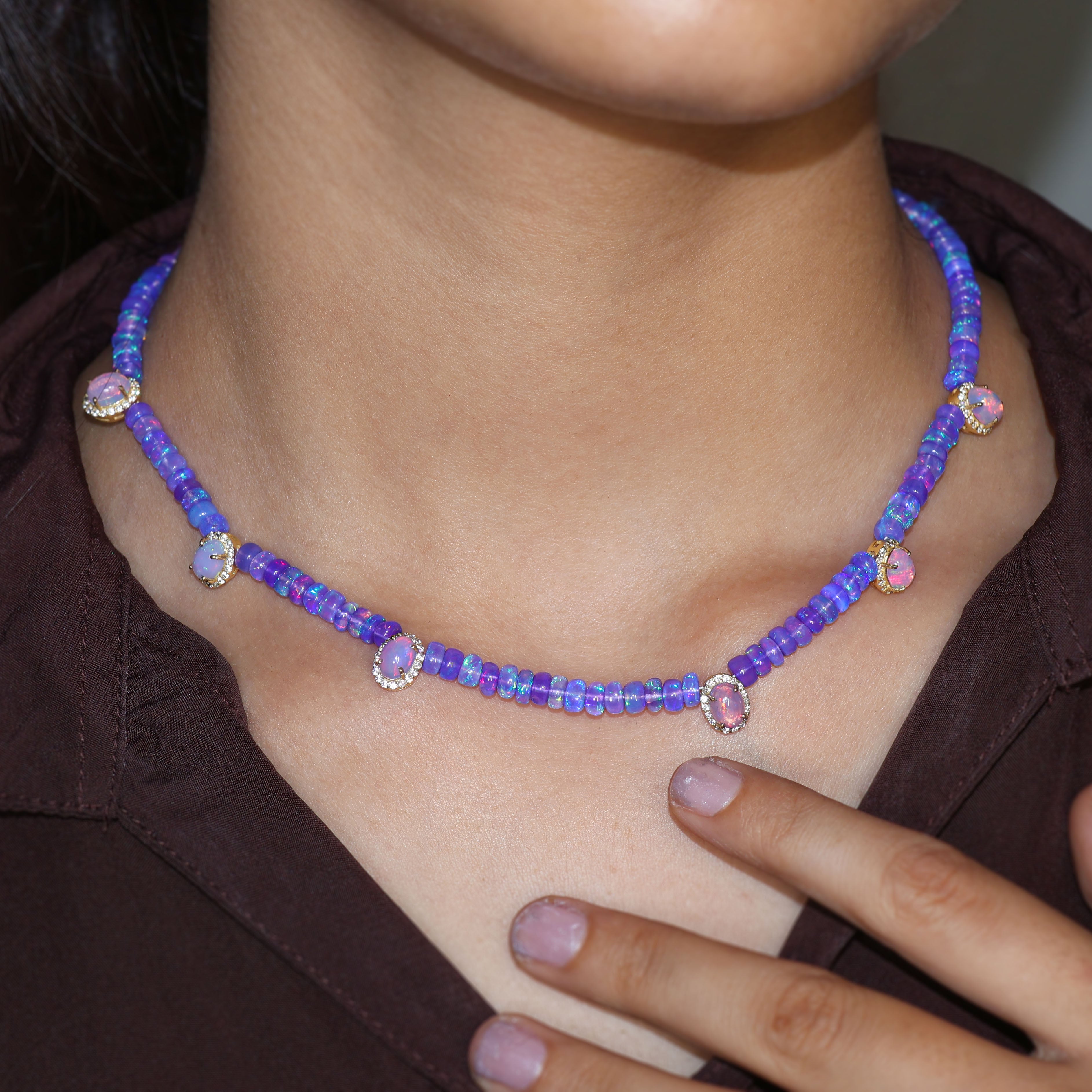 Lavender Opal Beads Necklace with White Zircon - Elegant Designer Jewelry for Women, Perfect for Weddings, Parties & Special Occasions
