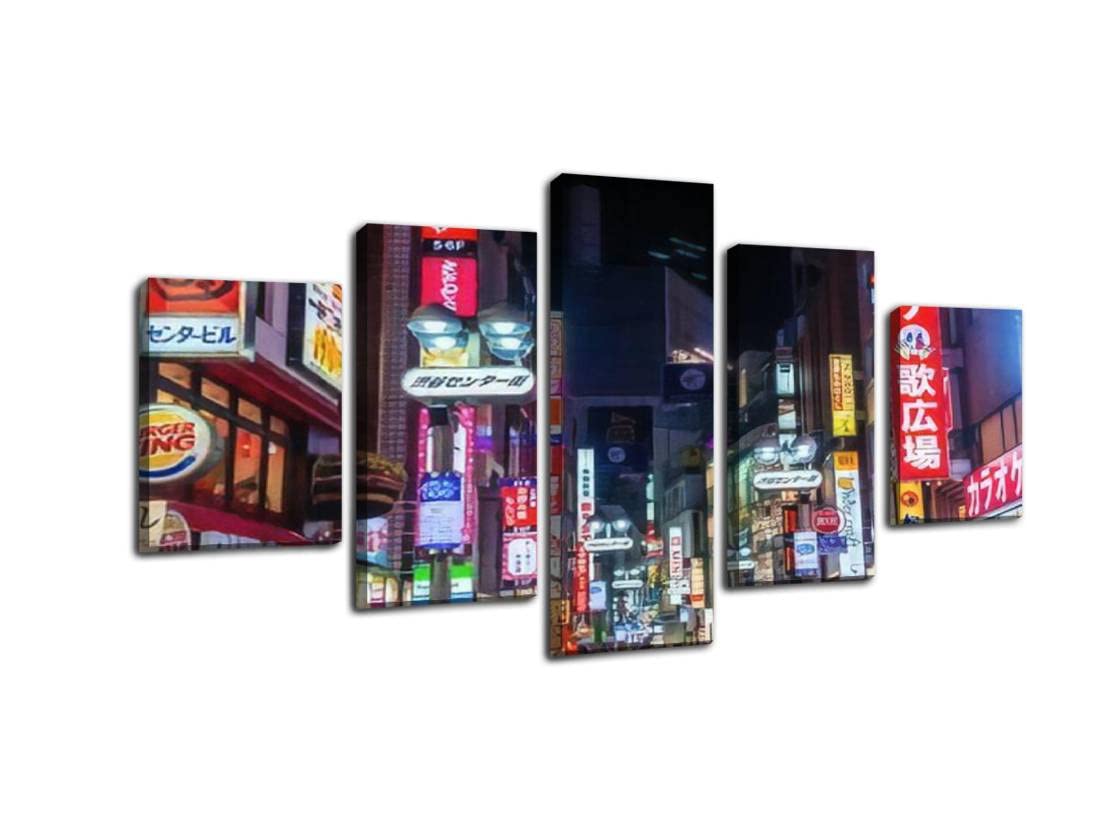 5 Panels Tokyo Shibuya Night View Canvas Wall Art - Modern Framed Prints for Home & Office Decor | Japanese Cityscape Painting, Living Room & Bedroom Wall Decor