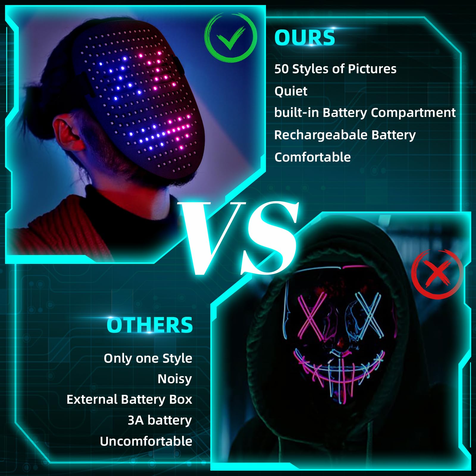 Ompusos LED Mask with Gesture Sensing - Glowing Light Up Halloween Costume Mask for Kids, Men & Women - Perfect for Cosplay, Parties & Night Events