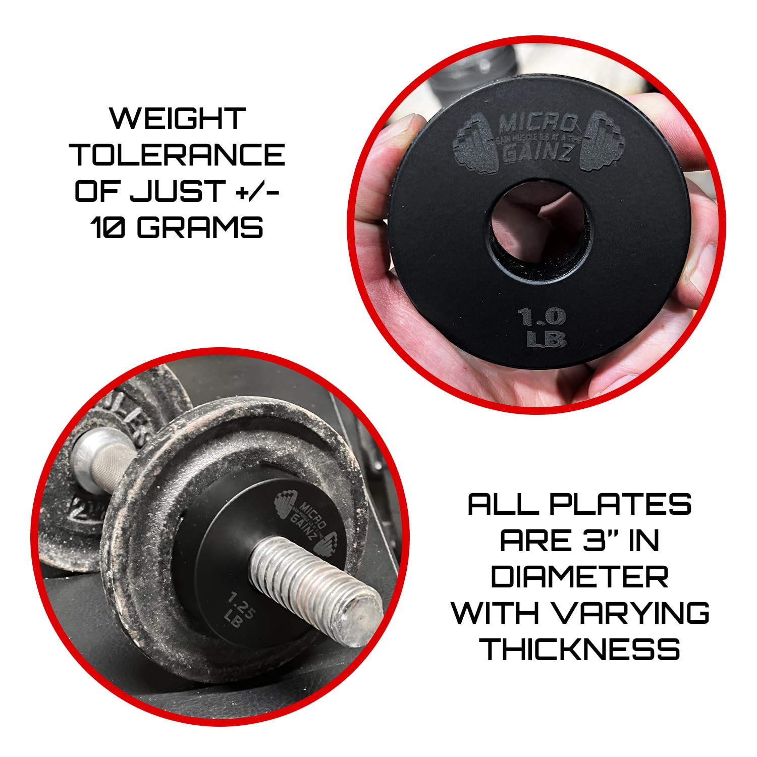 Micro Gainz 1-Inch Center Hole Fractional Weight Plates Set of 2 (0.25LB-1.25LB) - Black Standard Olympic Plates for Barbells & Dumbbells - USA Made - Perfect for Home Gym, Strength Training & Weightlifting Accessories