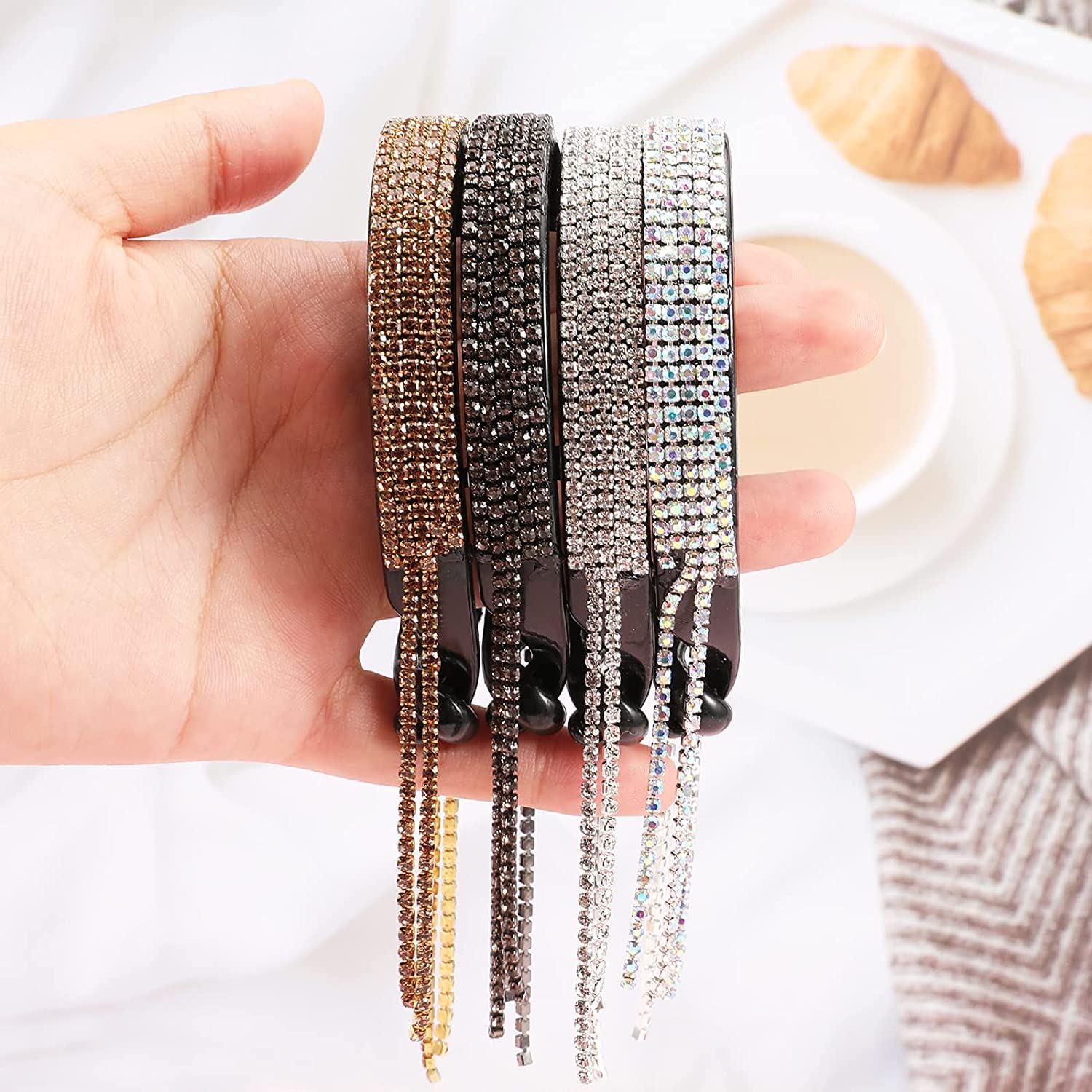 EPARTY Rhinestone Hair Clips - Tassel Ponytail Holder, Claw Grip Hair Clamps for Thick or Long Hair, Glitter Bun Accessories (Black Diamonds, Semicircular) - Perfect for Parties, Weddings & Everyday Styling
