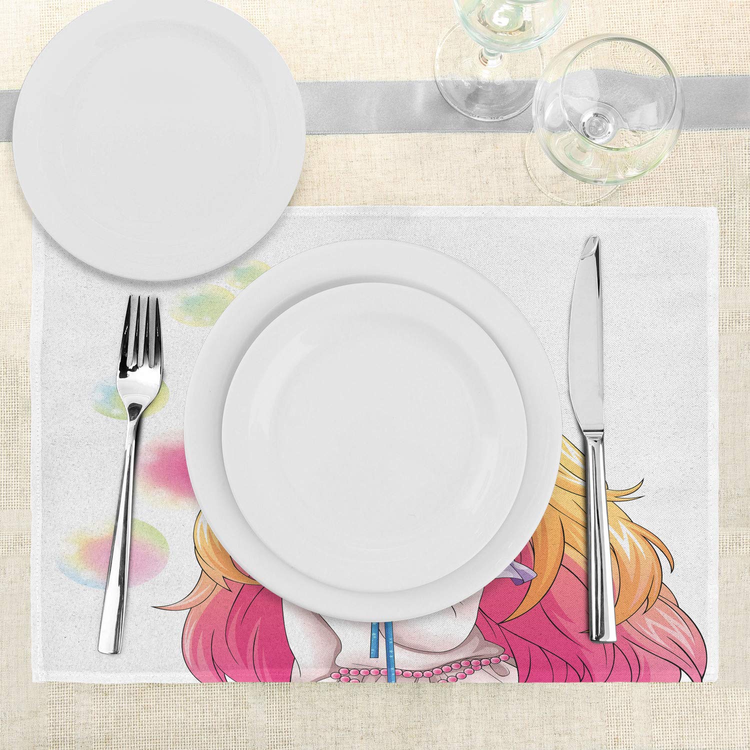 Ambesonne Anime Place Mats Set of 4 - Japanese Manga Girl Blowing Bubbles from Flower Cartoon Art Print, Washable Fabric Dining Table Mats for Kitchen & Home Decor in Pink & Yellow - Perfect for Anime Lovers, Dinner Parties, and Themed Decorations