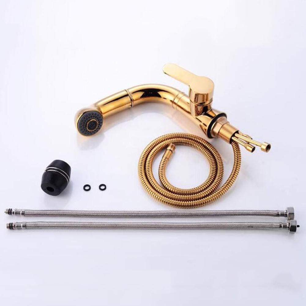 Premium Gold Pull Down Kitchen Faucet with Sprayer - Brass Hot & Cold Water Sink Tap with Telescopic Rotating Spout - Perfect for Modern Kitchens & Bar Sinks