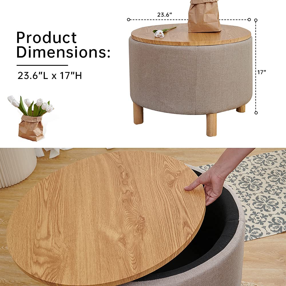 Modern Round Coffee Table with Storage - Solid Wood Legs, Removable Wooden Lid Tray - End Accent Table & Ottoman Side Table for Living Room, Bedroom, Office (Cream) | Perfect for Small Spaces, Coffee Lovers & Home Decor