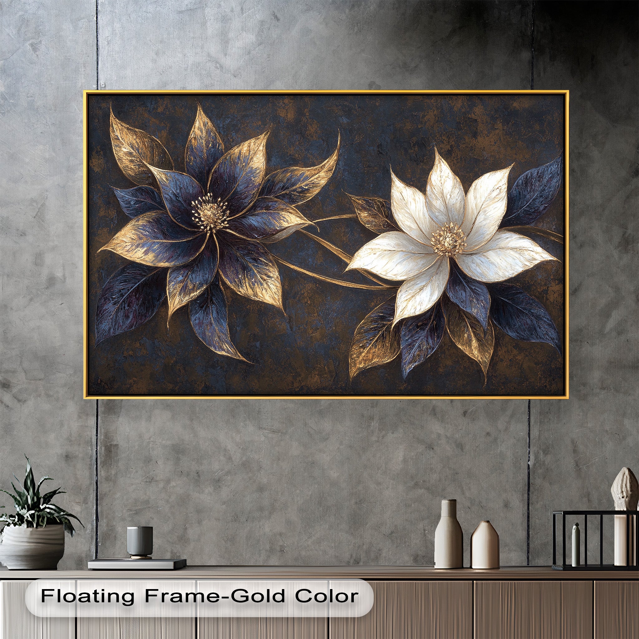 Blue Floral Stained Art - Handmade Botanical Oil Painting Wall Decor for Living Room, Bedroom & Office