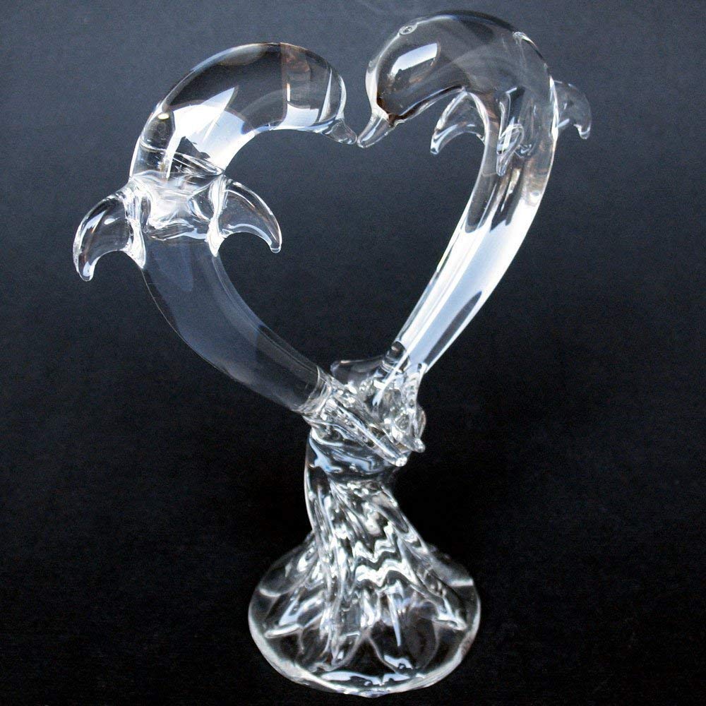 Handmade Blown Glass Dolphin Crystal Heart Wedding Cake Topper - Elegant Decoration for Beach Weddings, Anniversary Cakes & Romantic Celebrations