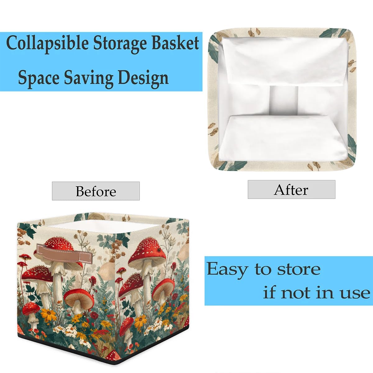 13 Inch Collapsible Mushroom Flower Storage Basket with Leather Handle - Foldable Organizer Bin for Closet, Shelves & Home Decor | Perfect for Bedroom, Bathroom & Laundry Room Organization