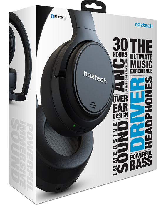 Naztech DRIVER ANC1000 Active Noise Cancelling Wireless Bluetooth Headphones - Premium Sound, Comfort Fit, 30H Battery (Black/White) | Perfect for Travel, Work & Gym