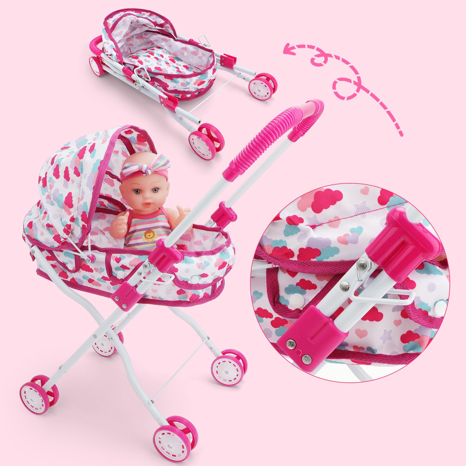 deAO Baby Doll Stroller Set with Nursery Accessories - High Chair, Play Mat, Travel Bag & Feeding Toys for Toddler Role Play | Perfect Gift for Girls | Pretend Play, Indoor Activities & Birthday Presents