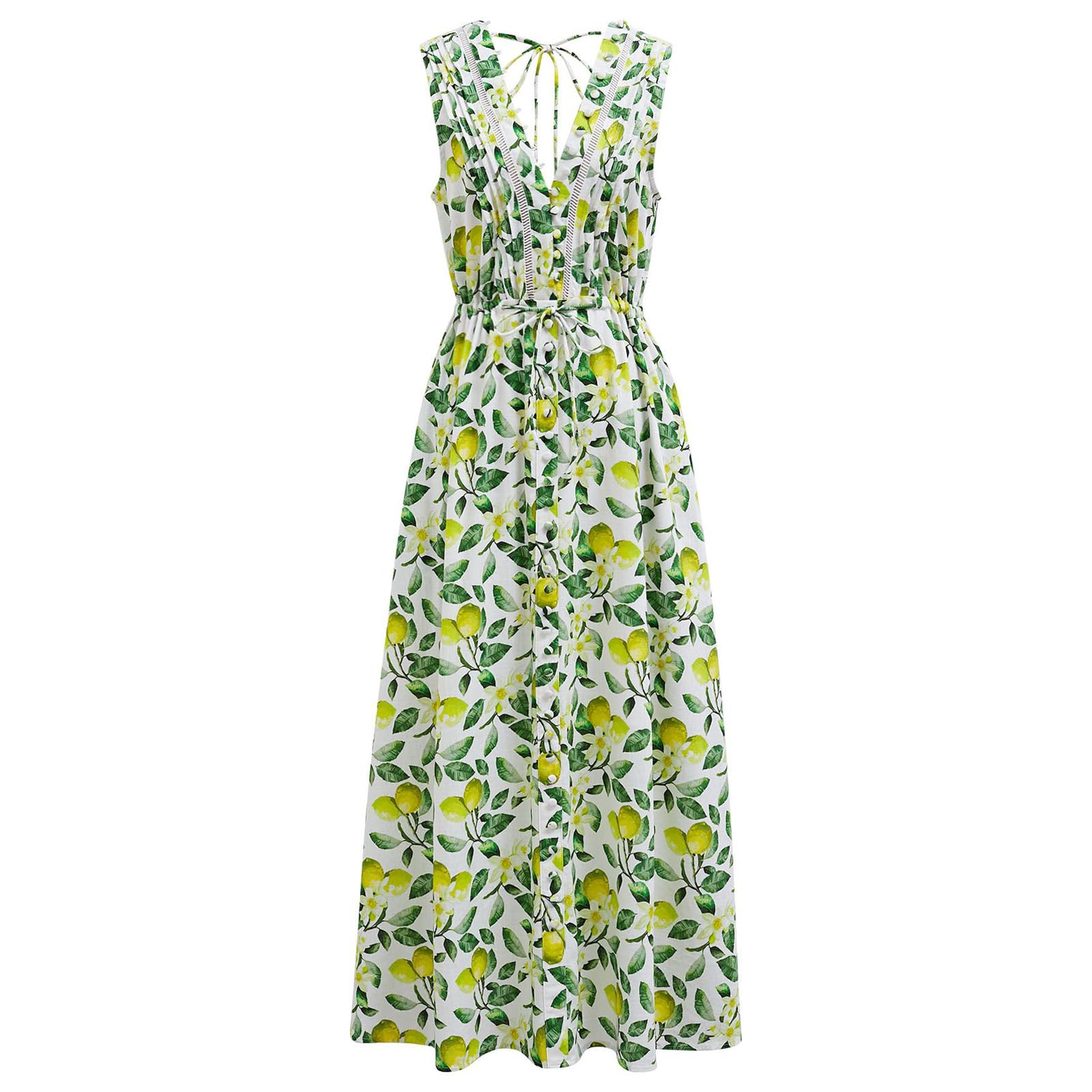 CHICWISH Women's Lemon Print V-Neck Cotton Midi Dress - Sleeveless Summer Beach Dress with Side Pockets | Perfect for Vacation, Brunch & Casual Outings