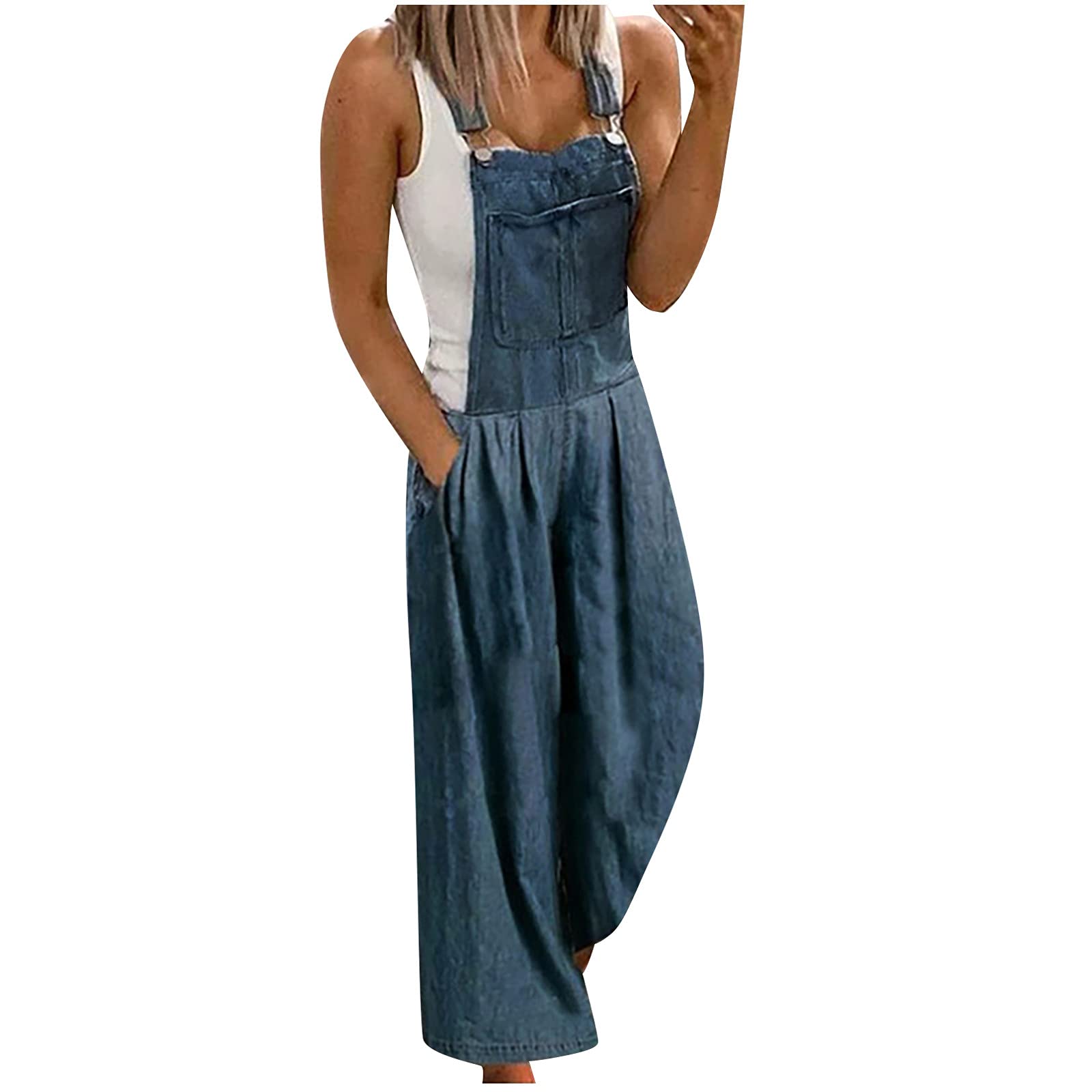 Women's Denim Bib Overalls - Loose Fit Long Jumpsuit with Wide Leg & Baggy Style - Casual Cotton Romper for Everyday Wear, Work, or Outdoor Activities