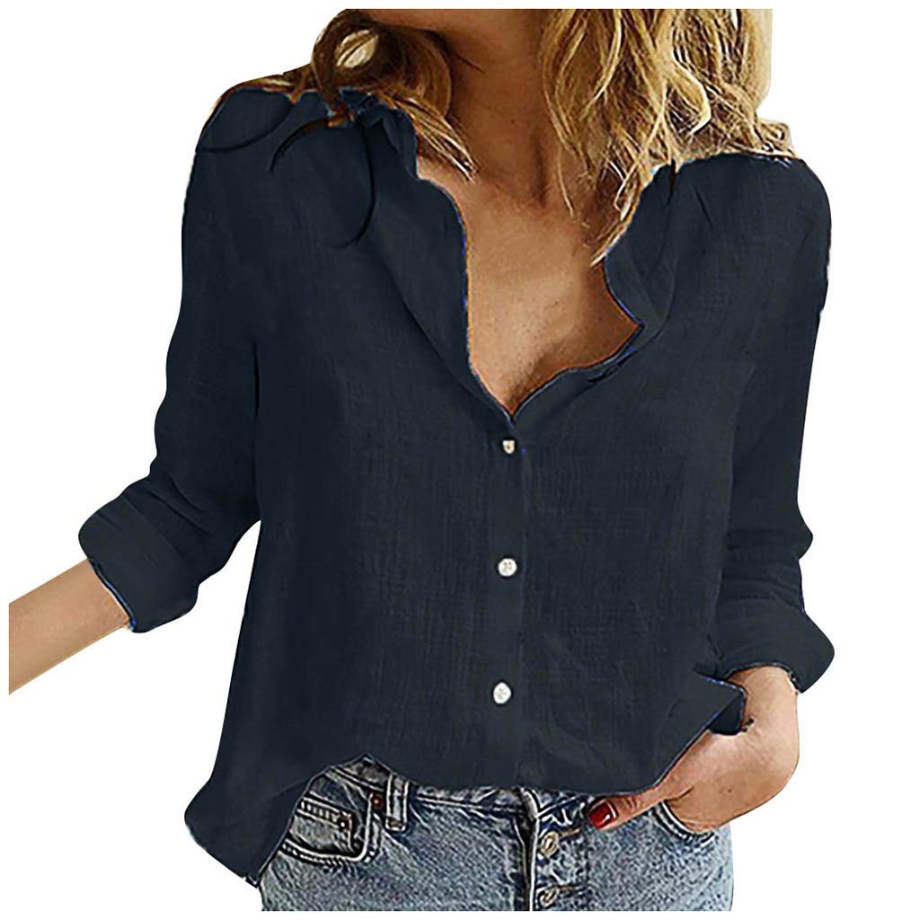 Women's Loose Linen Button-Down Shirt - Solid Color Lapel Long Sleeve Blouse - Casual & Athletic T-Shirt Tops for Women | Perfect for Work, Travel & Everyday Wear