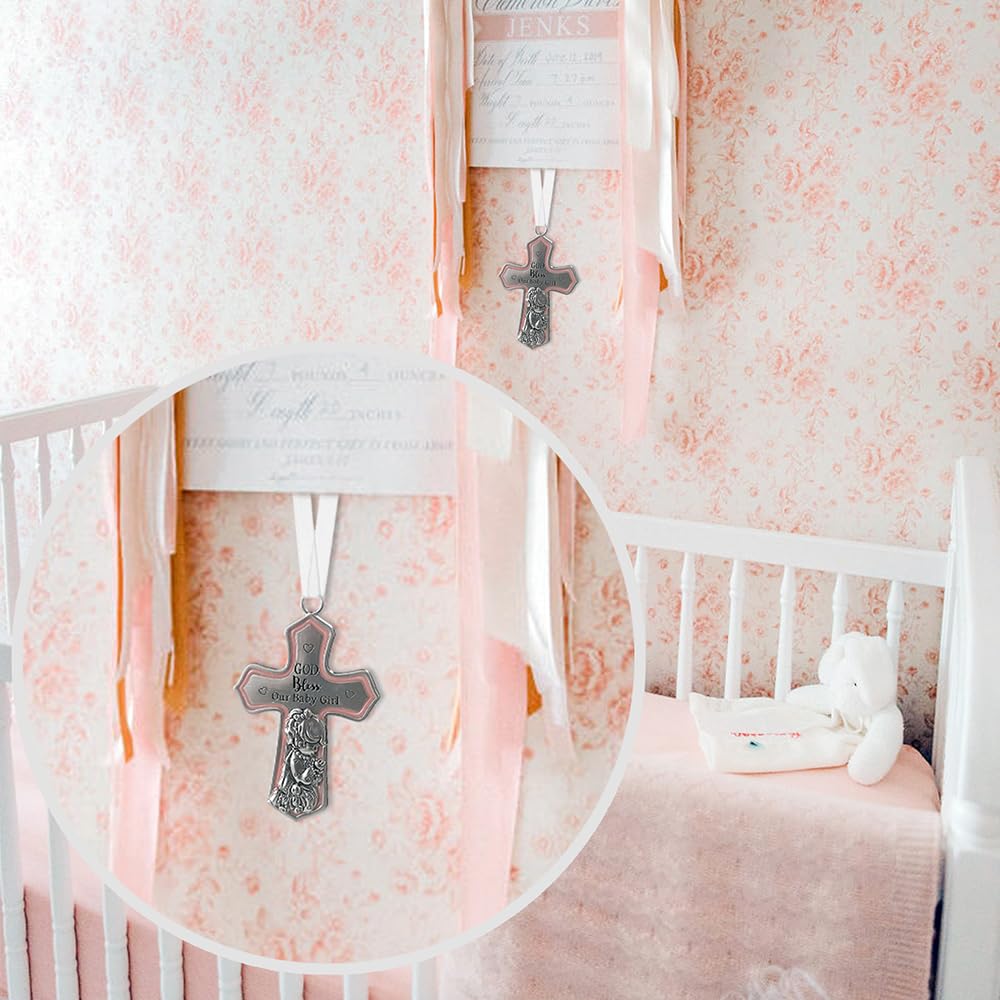 Ornate Crib Cross Decor with Ribbon for Baby Girl - Baptism, Christening & Baby Shower Gift - 'God Bless Our Baby Girl' - Perfect for Nursery Decor & Religious Celebrations