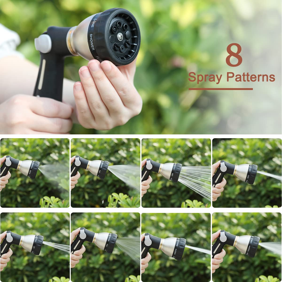 FANHAO Heavy Duty Garden Hose Nozzle with Thumb Control - 8 Spray Patterns for Watering, Washing Cars & Outdoor Cleaning