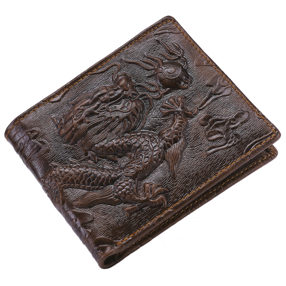 Itslife Men's Genuine Leather Bifold Wallet with 3D Dragon Embossed Design - RFID Blocking Slim Wallet for Men - Perfect Gift for Father's Day, Birthday & Travel (Dragon Brown) | Business & Everyday Carry Essential