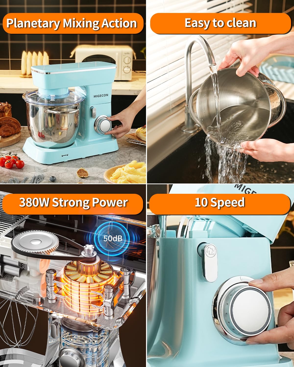 MIGECON 5.26 QT Stand Mixer - 10 Speed Electric Food Mixer with Dough Hook, Flat Beater & Whisk Attachments - Splash Guard - Perfect for Baking Cakes, Cookies & Bread Dough (Blue)