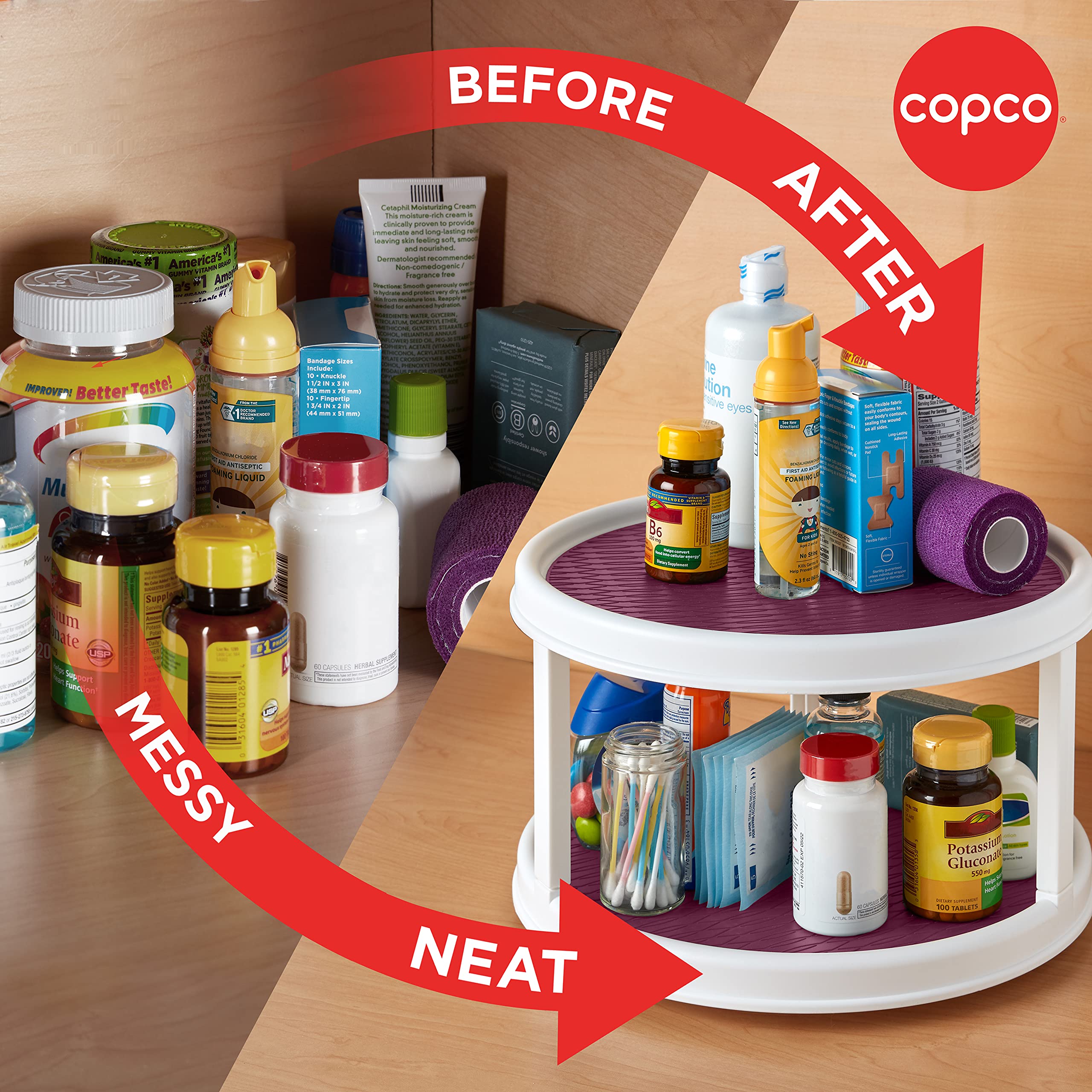 Copco 12-Inch Non-Skid 2-Tier Lazy Susan Turntable for Pantry Cabinet - White & Purple Spice Organizer | Perfect for Kitchen Storage, Spice Racks, and Cabinet Organization