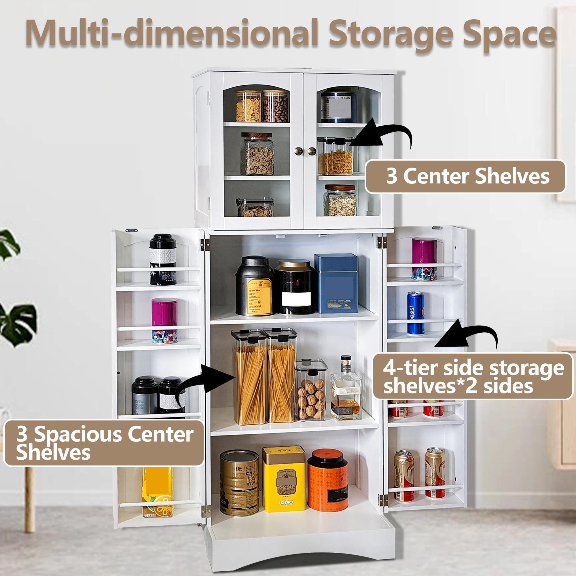 White Kitchen Pantry Cabinet with Glass Doors & Adjustable Shelves - Freestanding Tall Food Storage Cabinet for Kitchen, Living Room, Dining Room - Perfect for Organizing Dry Goods, Dishes & Home Decor