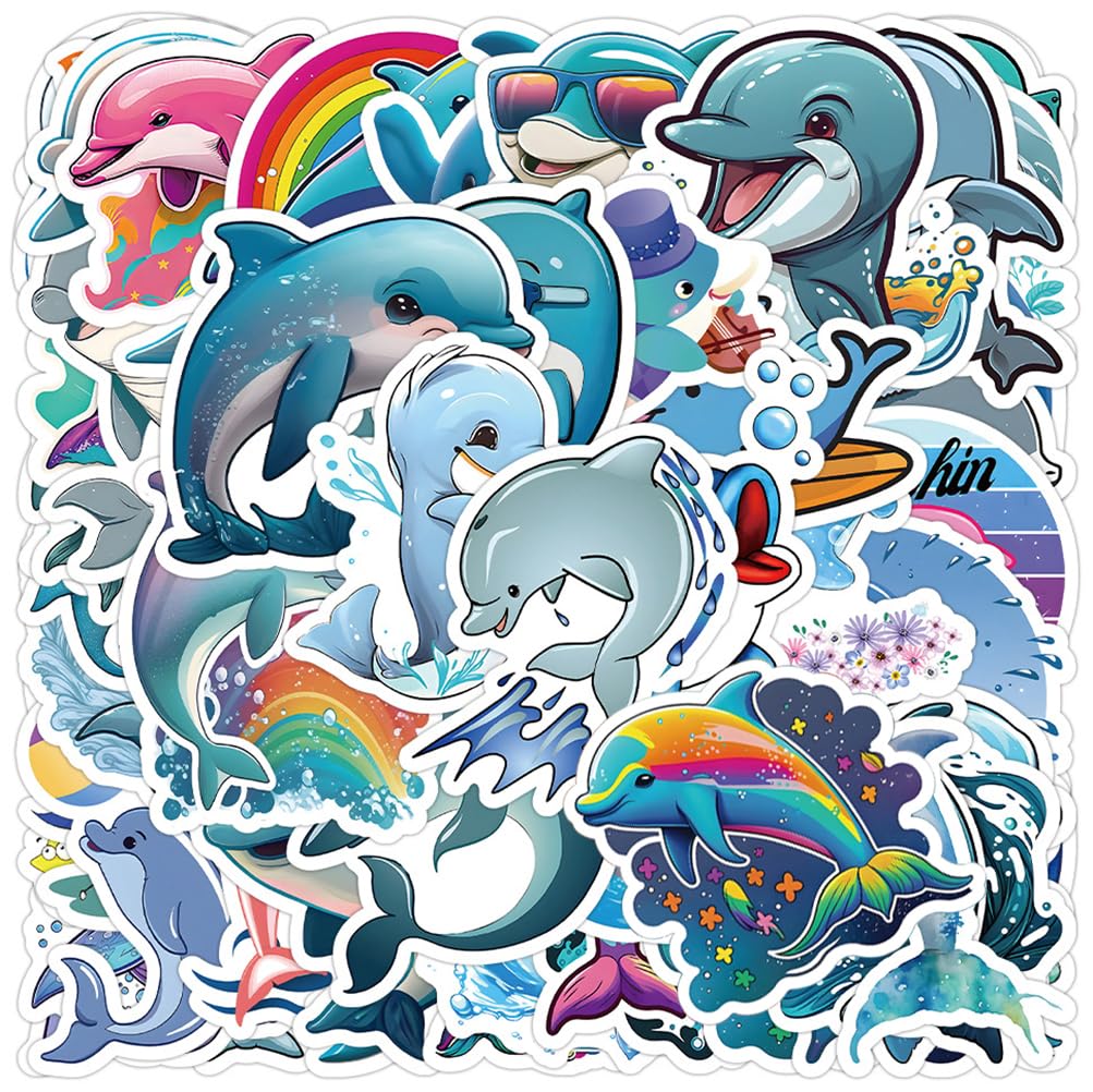 50pcs Waterproof Dolphin Stickers - Cute Cartoon Dolphin Decals for Kids, Teens, Students - DIY Vinyl Stickers for Phone, Laptop, Skateboard, Luggage, Guitar, Water Bottles - Perfect for School, Travel, and Room Decor