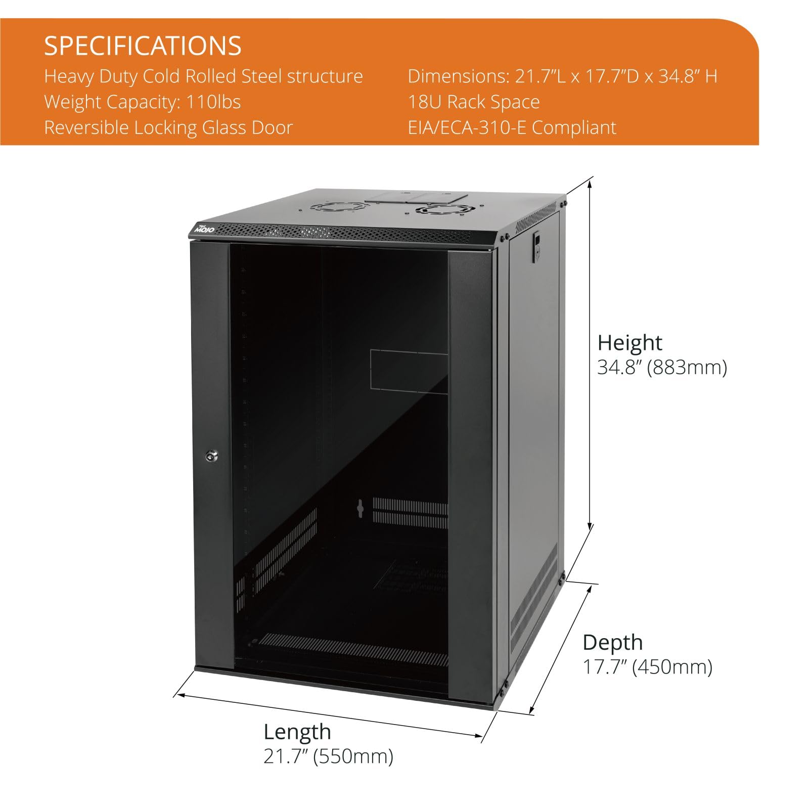 18U Wall Mount Network Server Rack Cabinet - 19 Inch IT Equipment Enclosure with Lockable Glass Door, Side Panels & Cooling Fan (17.7