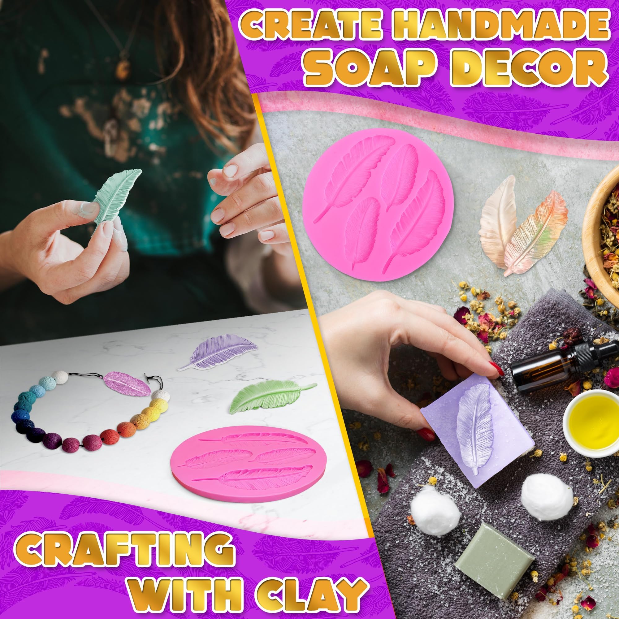 Pink Silicone Feather Candy Molds for Soap Making, Clay Crafts, Fondant, Chocolate & Cake Decorating - Perfect for DIY Projects, Party Favors & Home Baking