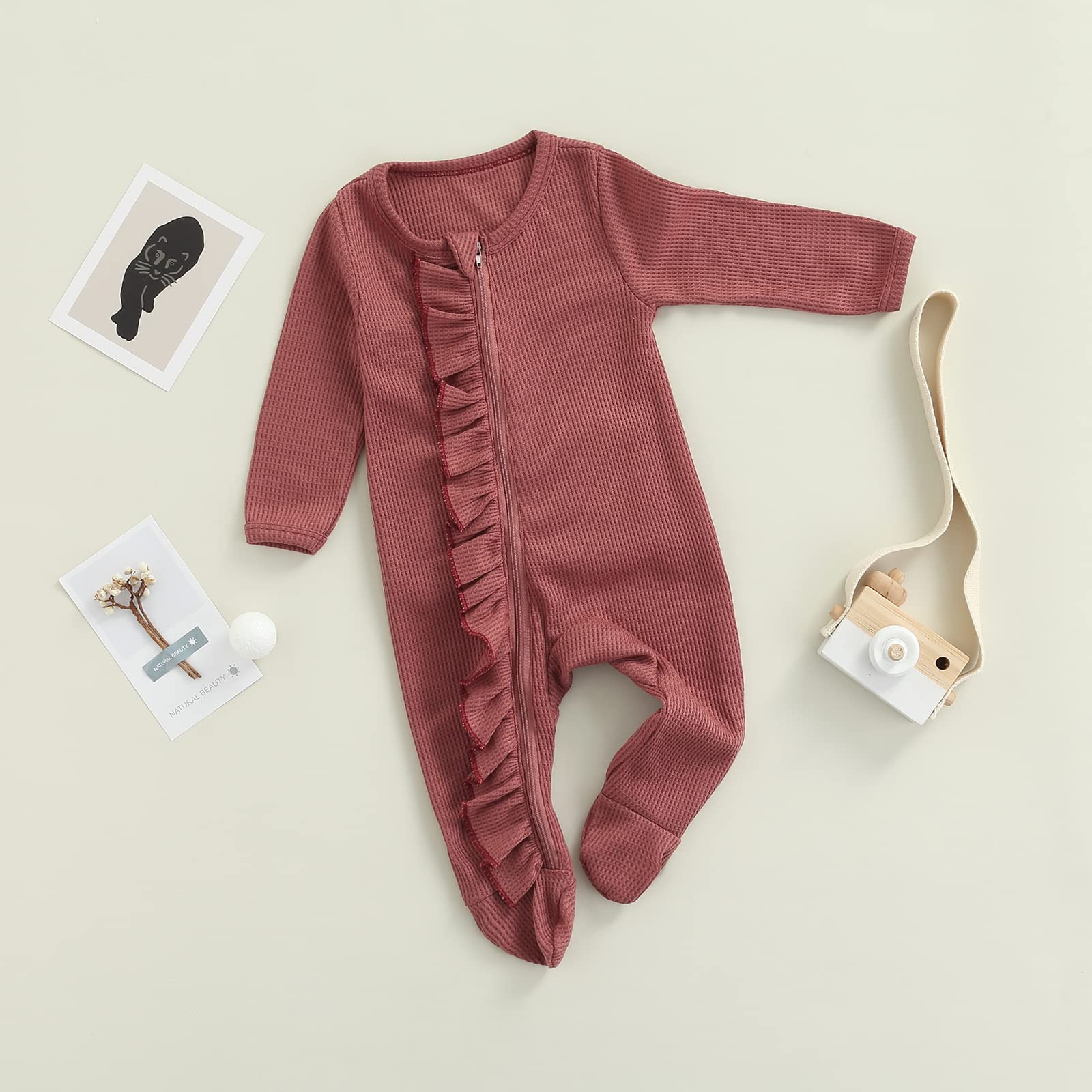 Newborn Baby Girl Waffle Knit Romper with Zippers & Ruffles - Soft Winter Footie Jumpsuit for Fall & Winter | Cozy Outfit for Newborn Photoshoots, Family Gatherings & Daily Wear