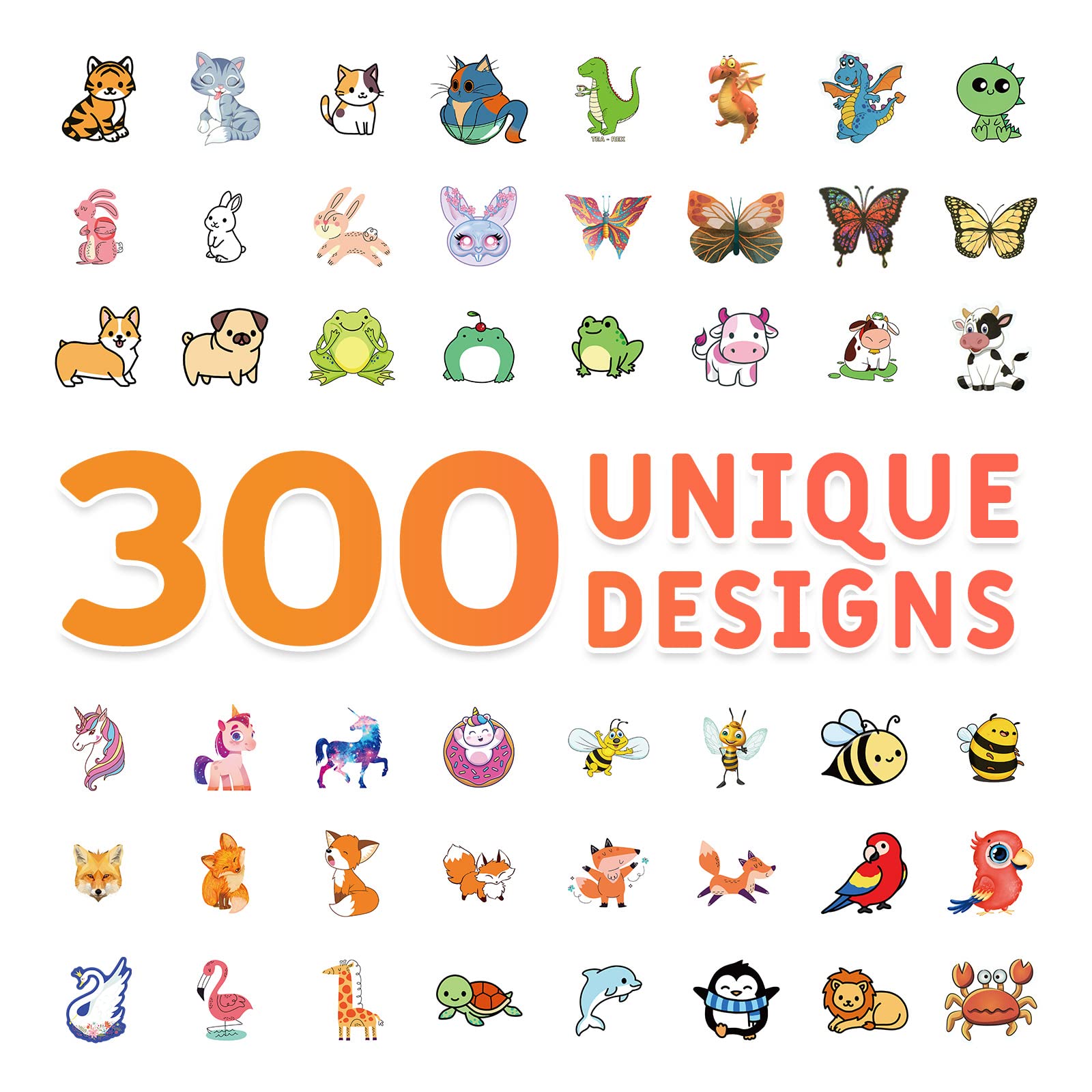 300 PCS Waterproof Animal Stickers - Cute Kawaii Vinyl Decals for Kids, Water Bottles, Laptops & DIY Crafts - Fun School, Party & Scrapbooking Supplies
