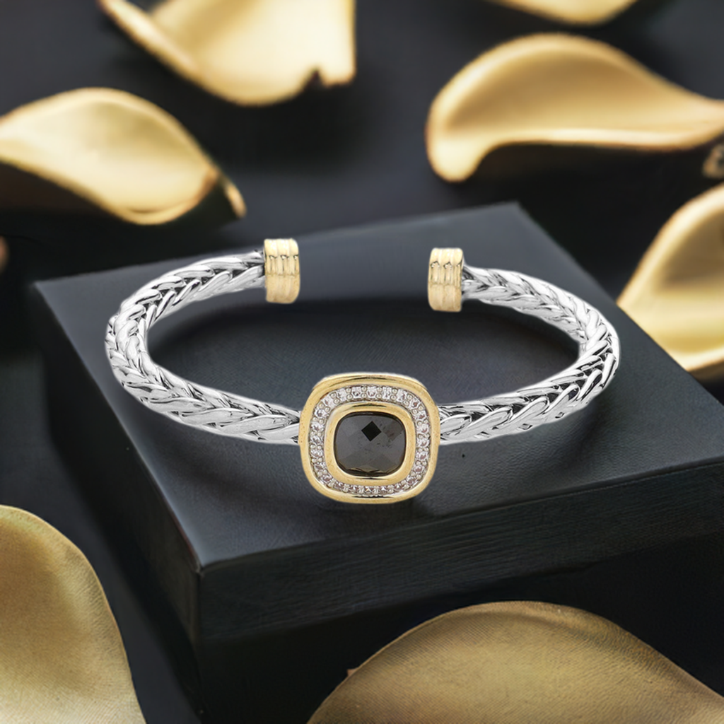 Two Tone Black Cubic Zirconia Square Cable Cuff Bracelet for Women - Elegant Fashion Jewelry Gift for Her, Perfect for Parties, Weddings & Special Occasions