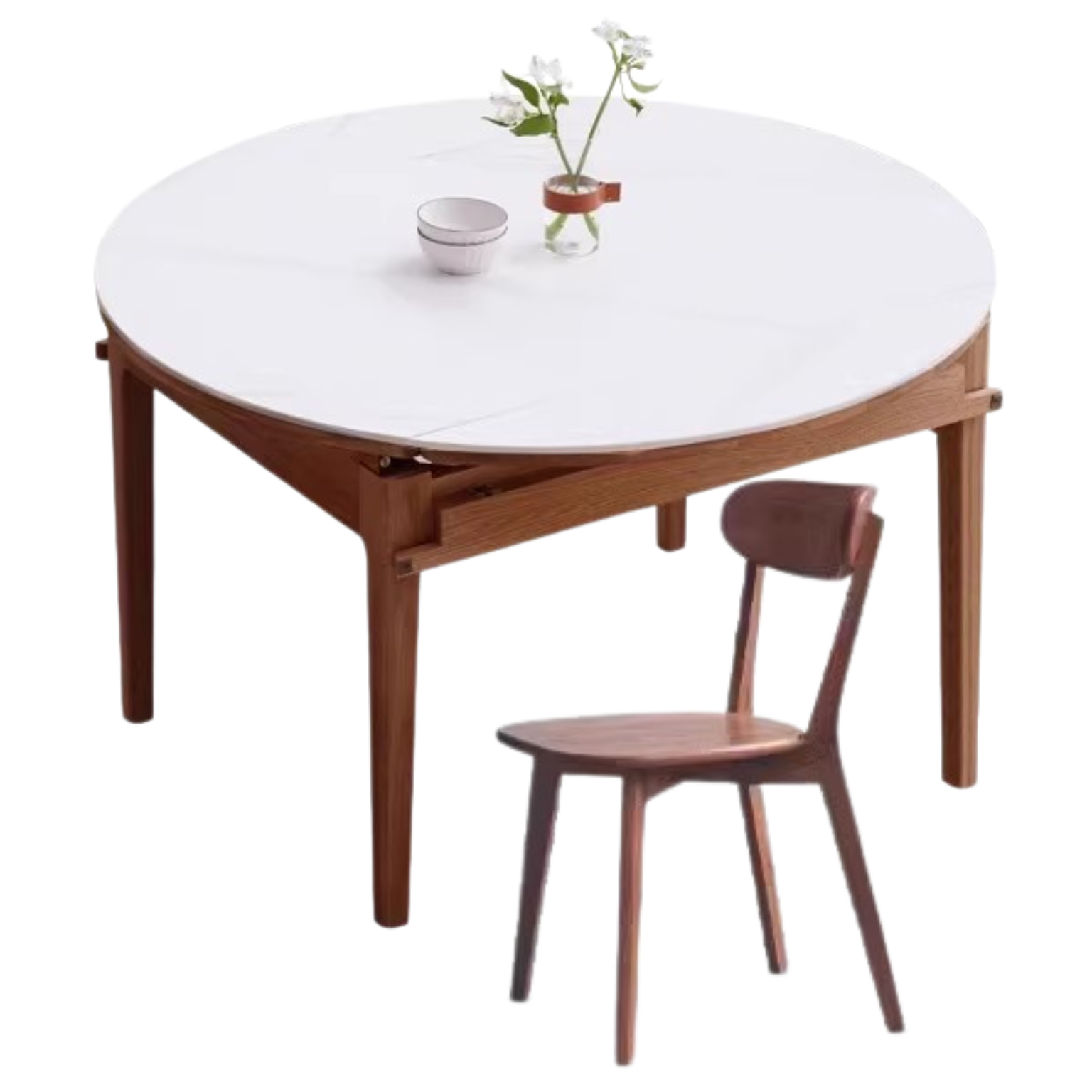 Solid Oak Round Folding Dining Table with Natural Stone Slab Top - Perfect for Small Spaces, Outdoor Dining & Home Decor