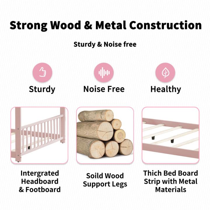 Montessori Full Size Floor Bed for Kids - Wooden House Bed Frame with Roof - Toddler Bed for Boys & Girls - Pink - Perfect for Bedrooms, Playrooms & Montessori Learning Spaces