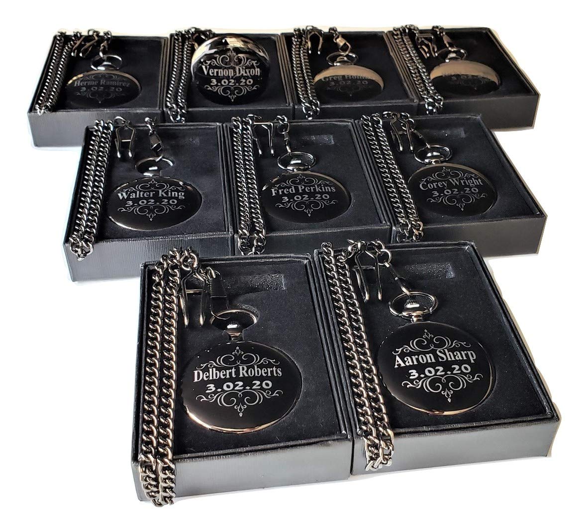 4-Piece Custom Engraved Pocket Watch Set - Black Wedding Gift with Free Engraving, Gift Box & Chains - Perfect for Anniversaries, Graduations & Special Occasions