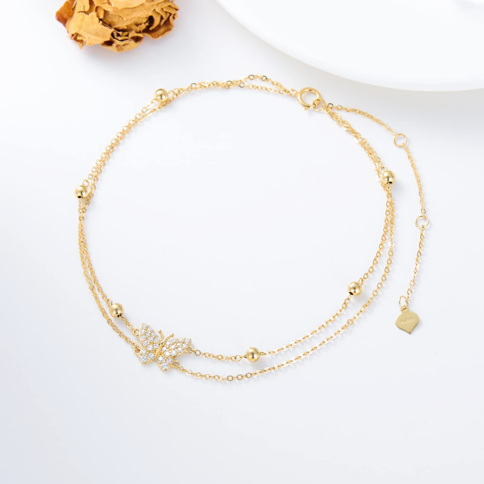 14K Solid Gold Butterfly Anklet Bracelet for Women - Real Gold Layered Beach Foot Chain - Elegant Fine Jewelry Gift for Wife, Mom, Anniversary, Birthday - 8