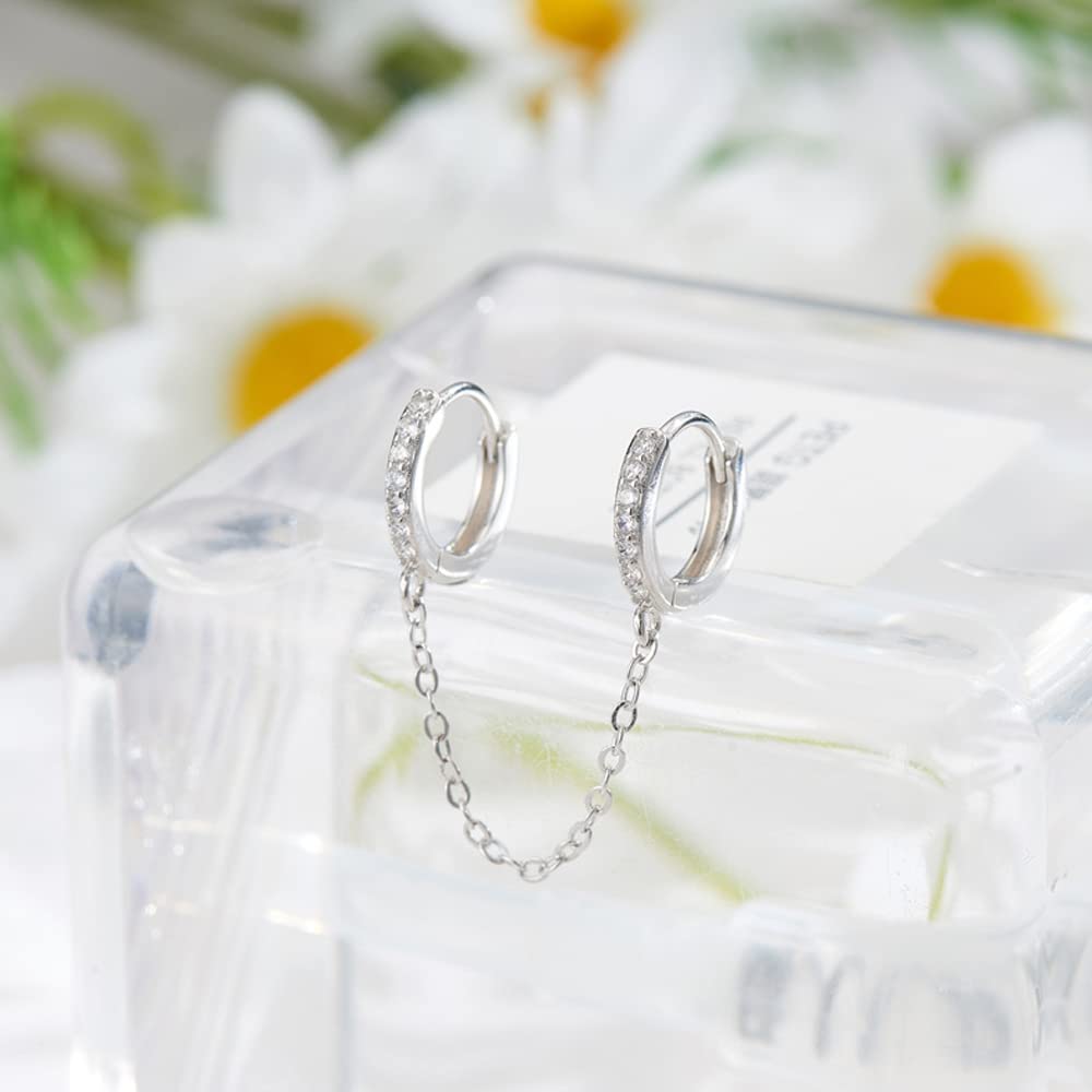 Unique Small Silver Chain Handcuff Hoop Earrings - Double Piercing Crystal Dangle Drop Cartilage Earrings for Men & Women | Trendy Huggie Hoops for Everyday Wear, Parties & Gifts