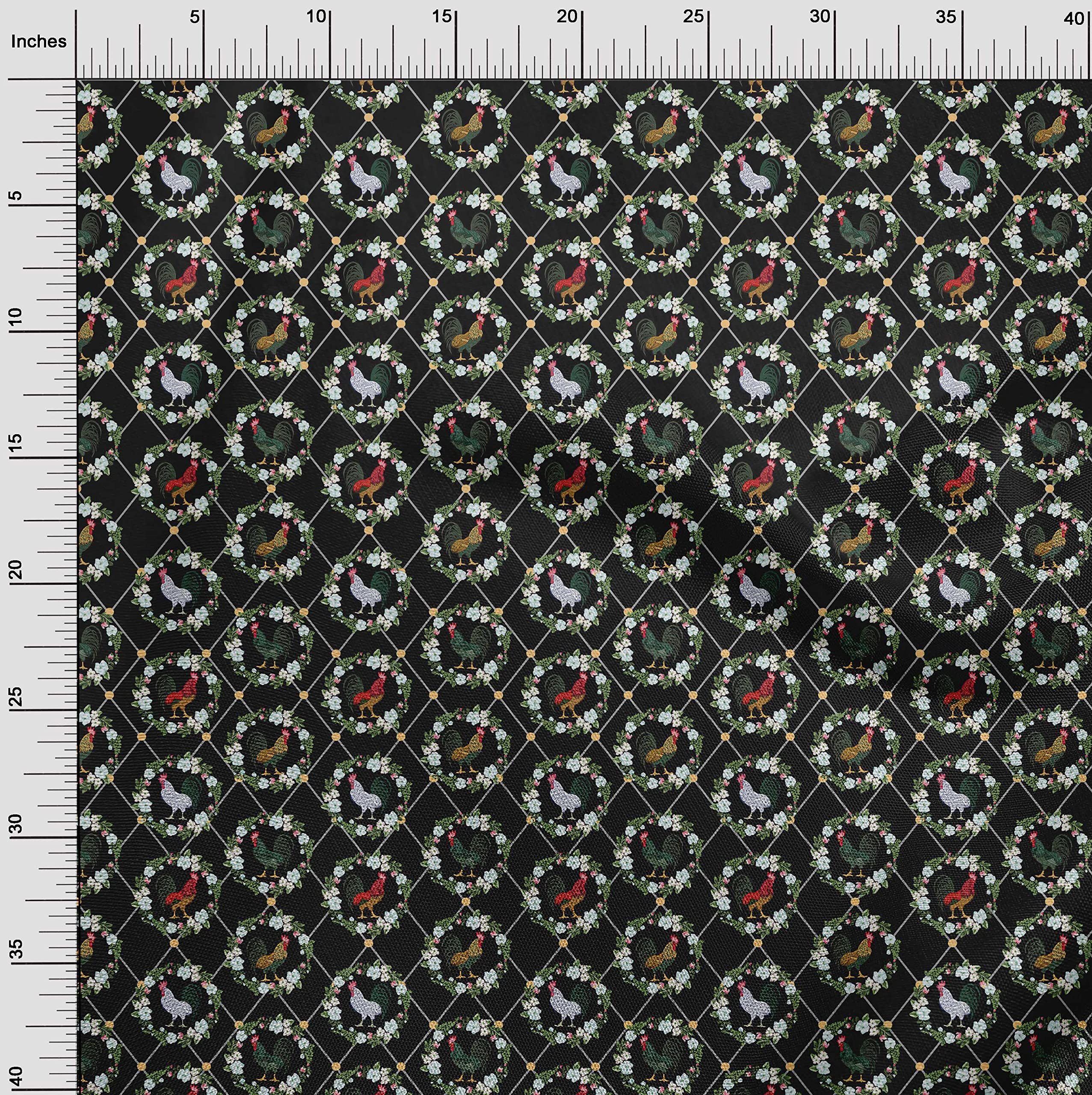 oneOone Cotton Flex Black Fabric with Birds & Rooster Print - 40 Inch Wide for DIY Clothing & Sewing Projects - Perfect for Quilting, Home Decor, and Craft Supplies