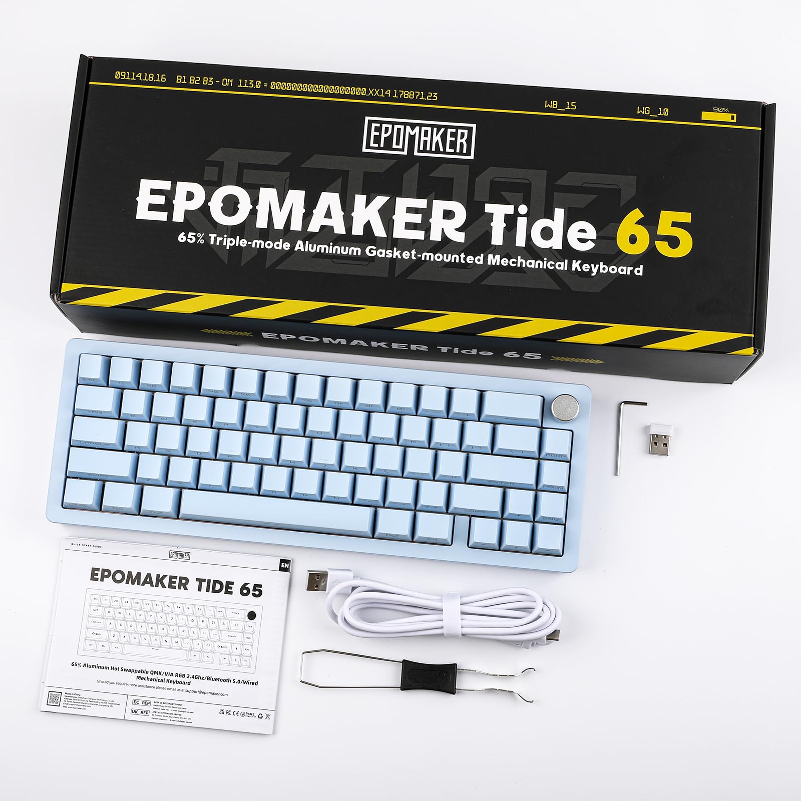 EPOMAKER Tide65 QMK/VIA Wireless Mechanical Gaming Keyboard - 65% Compact Aluminum Body, Programmable Creamy Keys, Bluetooth/2.4Ghz/USB-C Connectivity, FR4 Plate for Windows & Mac (Blue, Lemon Switch) - Perfect for Esports, Office Work & Typing Enthusiasts