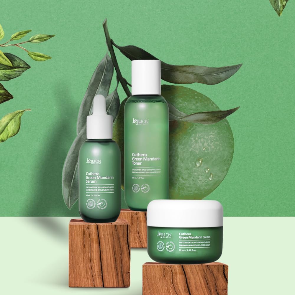 Cuthera Green Mandarin 3-Piece Korean Skincare Set - Essence Toner, Serum & Cream with Citrus Scent | Jeju Natural Vitamin-Rich Hydration, Pore Tightening & Skin Calming | Oil-Water Balance Care for Dry, Sensitive & Combination Skin | Daily Skincare Routine & Nighttime Moisturizing