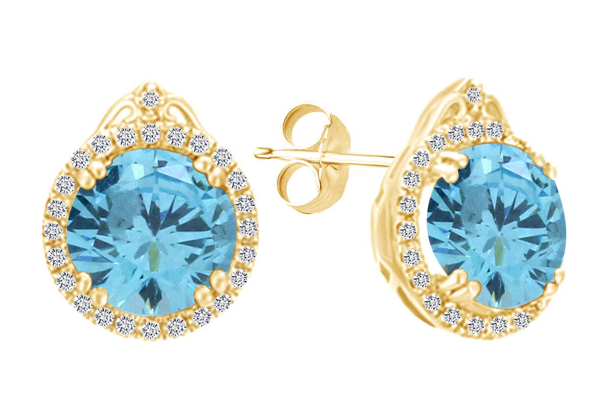 Simulated Blue Topaz & Natural Diamond Halo Stud Earrings - 14k Gold Over Sterling Silver Christmas Jewelry Gift for Women | Perfect for Holiday Parties, Weddings & Special Occasions