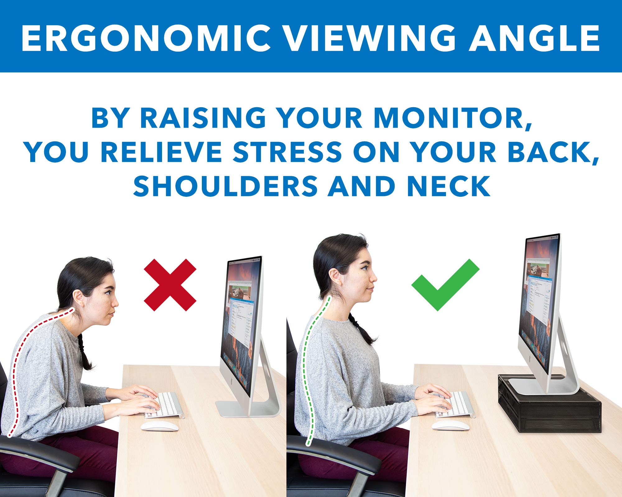 MOUNT-IT! Black Metal Mesh Monitor Stand with Drawers - Adjustable Computer Screen Riser & Organizer for Laptops, Printers & Office Supplies - Perfect for Home Office & Workspace Organization