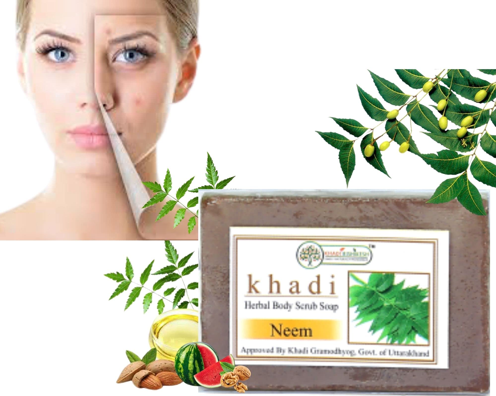 Khadi Rishikesh Herbal Neem Bathing Bar - Handmade Scrub Soap for Face & Body | Controls Acne, Pimples & Oil | Brightening Beauty Soap | Perfect for Summer Skincare - Men & Women (125g x 2 Pack, 250g Total) with Free Towel - Ideal for Daily Cleansing & Acne-Prone Skin